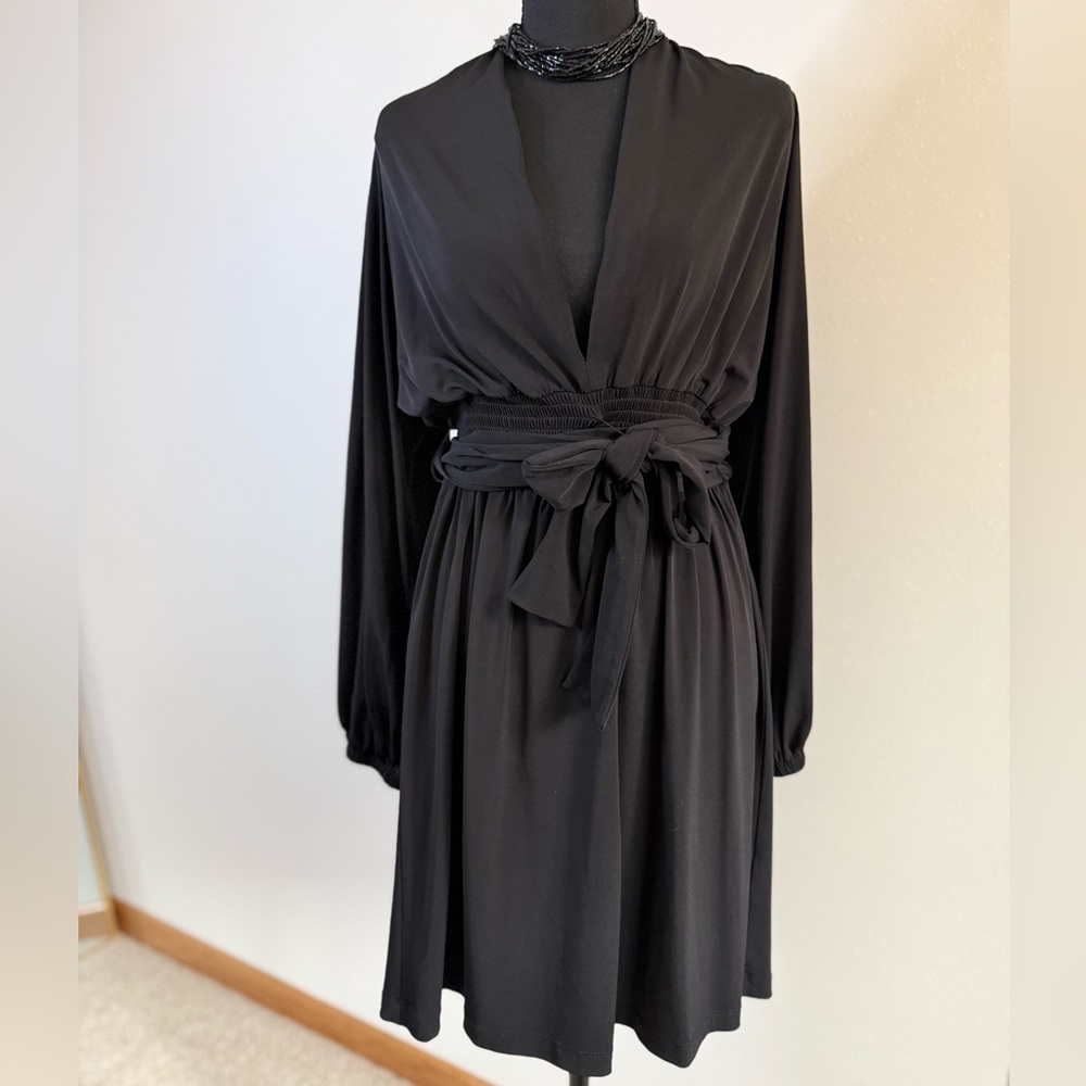 Boston Proper Muse Black Faux Wrap Tie Waist Dress Size 4 Long Sleeve